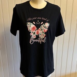 Black Graphic Tee with Floral Butterfly and "Beautiful" Script
